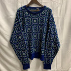 【中古】【古着】柄 ニット ブルー×ホワイト×グリーン Lサイズ