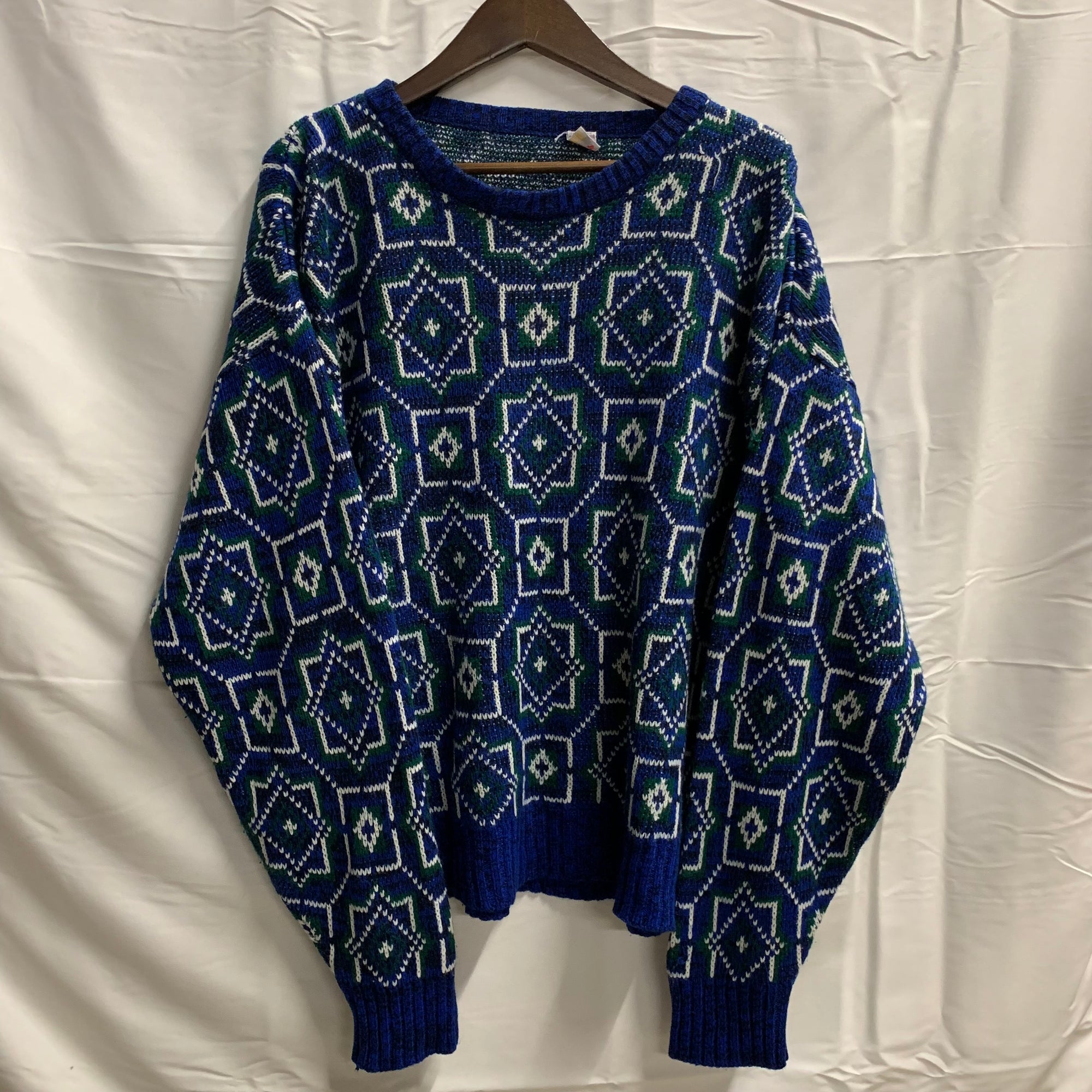 【中古】【古着】柄 ニット ブルー×ホワイト×グリーン Lサイズ