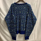 【中古】【古着】柄 ニット ブルー×ホワイト×グリーン Lサイズ