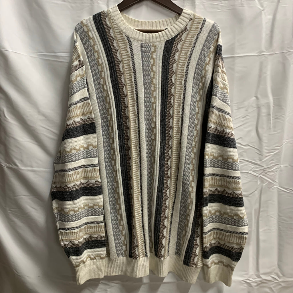 【中古】【古着】Hollister マルチボーダー ３Dニット ホワイト×グレー×ブラウン Lサイズ