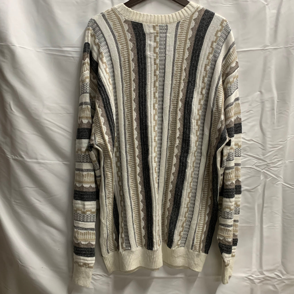 【中古】【古着】Hollister マルチボーダー ３Dニット ホワイト×グレー×ブラウン Lサイズ