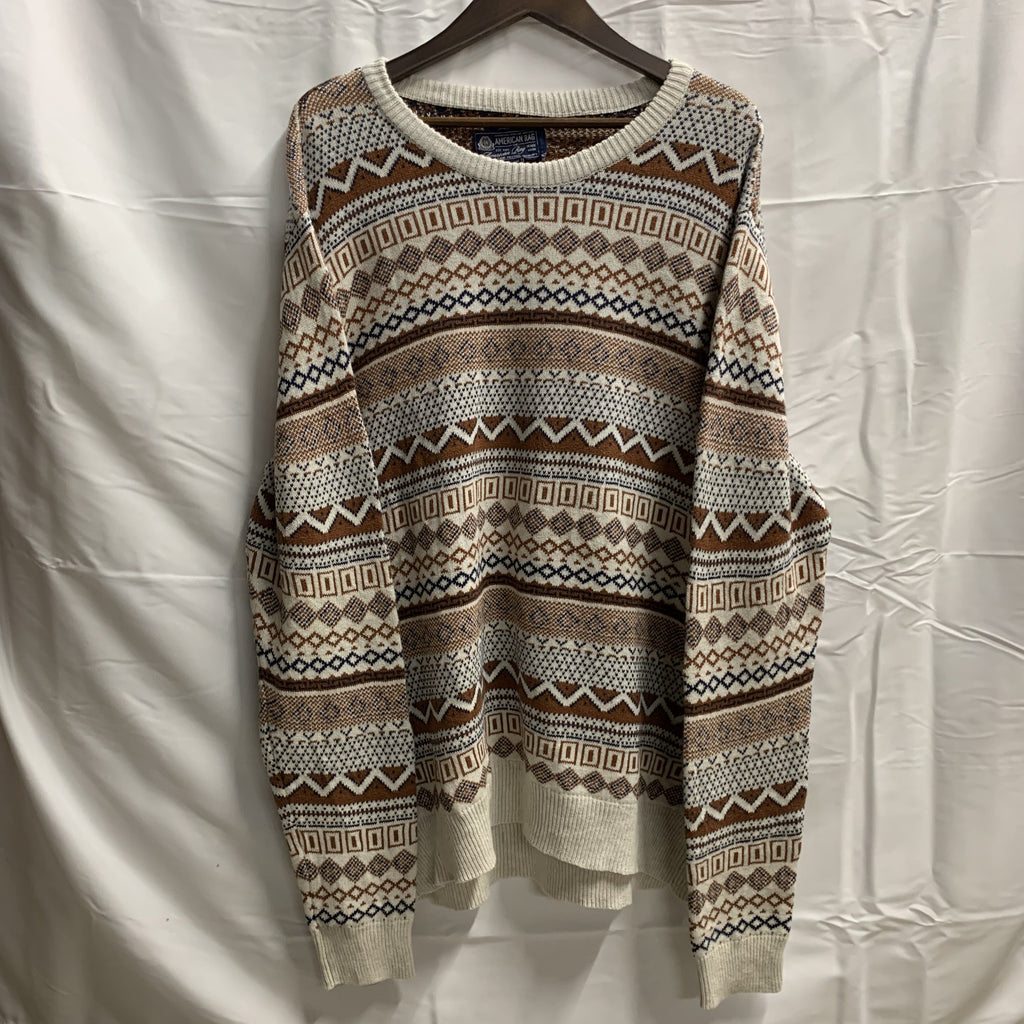 【中古】【古着】AMERICAN RAG CIE 柄 ニット ホワイト×ブラウン×ネイビー Lサイズ