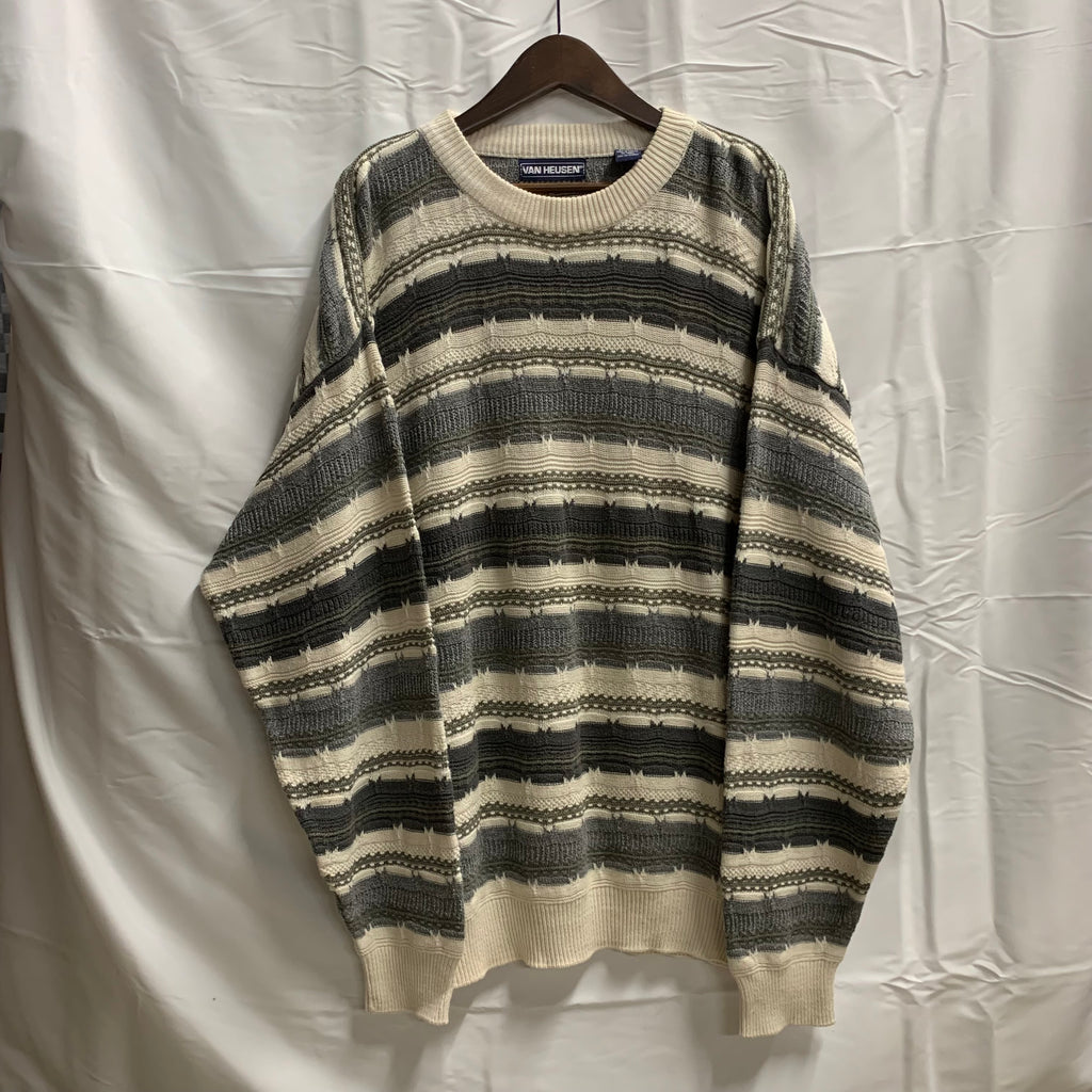 【中古】【古着】VAN HEUSEN ボーダー ３Dニット ホワイト×グレー XLサイズ