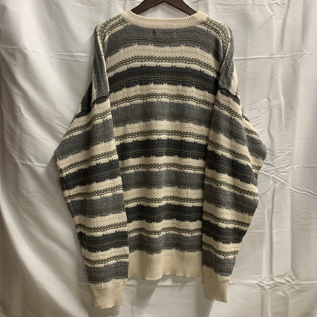 【中古】【古着】VAN HEUSEN ボーダー ３Dニット ホワイト×グレー XLサイズ