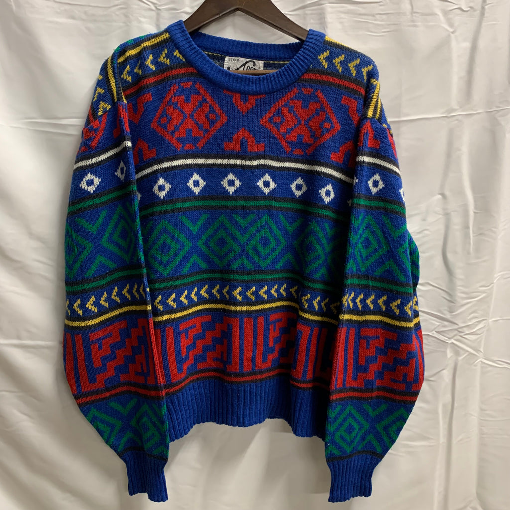 【中古】【古着】STEEP SLOPES 柄 ニット ブルー×レッド×グリーン Lサイズ