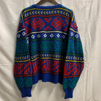 【中古】【古着】STEEP SLOPES 柄 ニット ブルー×レッド×グリーン Lサイズ