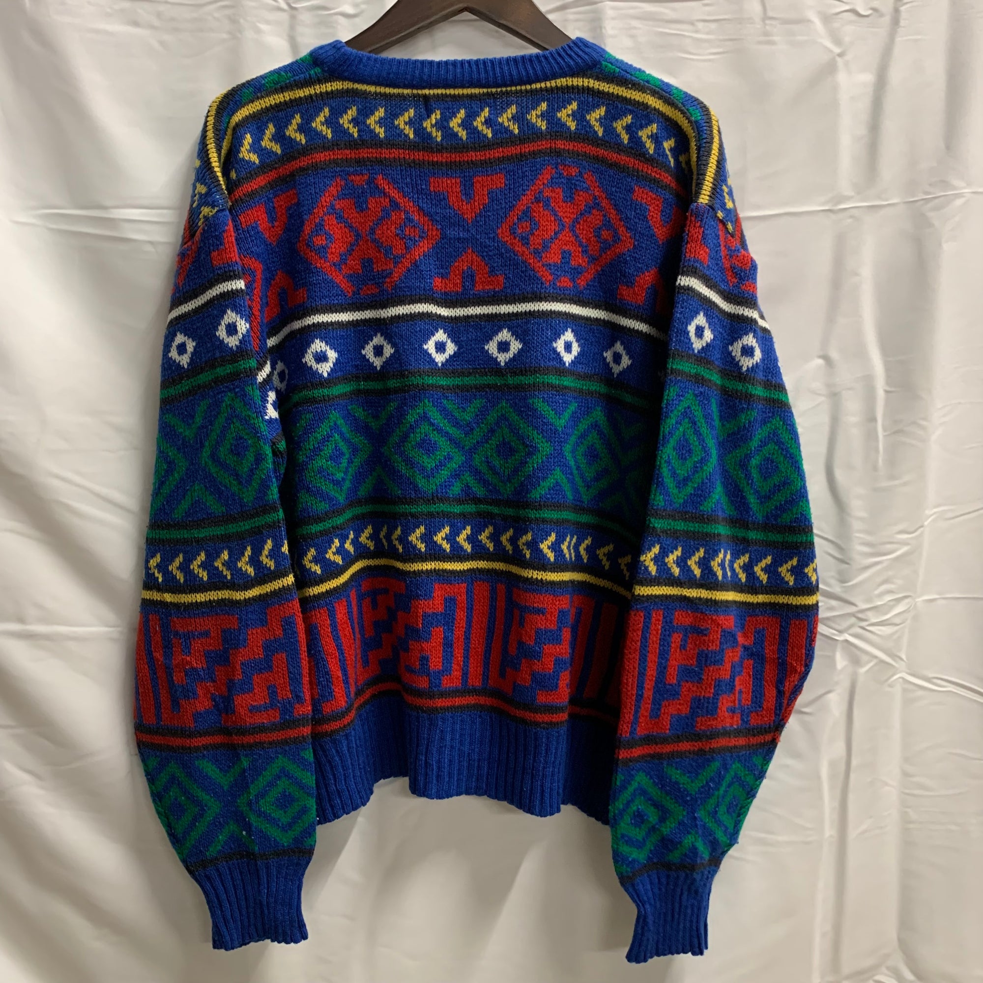 【中古】【古着】STEEP SLOPES 柄 ニット ブルー×レッド×グリーン Lサイズ