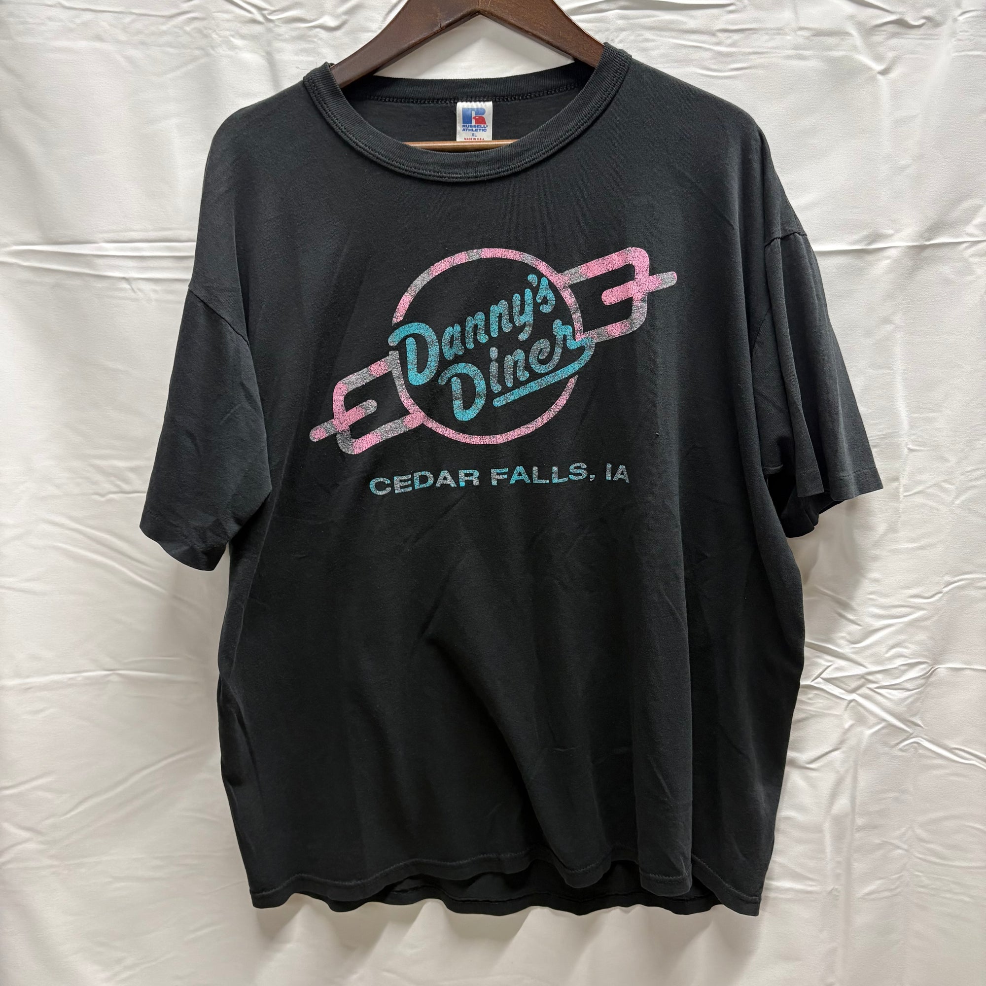 【古着】RUSSELL ATHLETIC プリント S/S カットソー ブラック XLサイズ