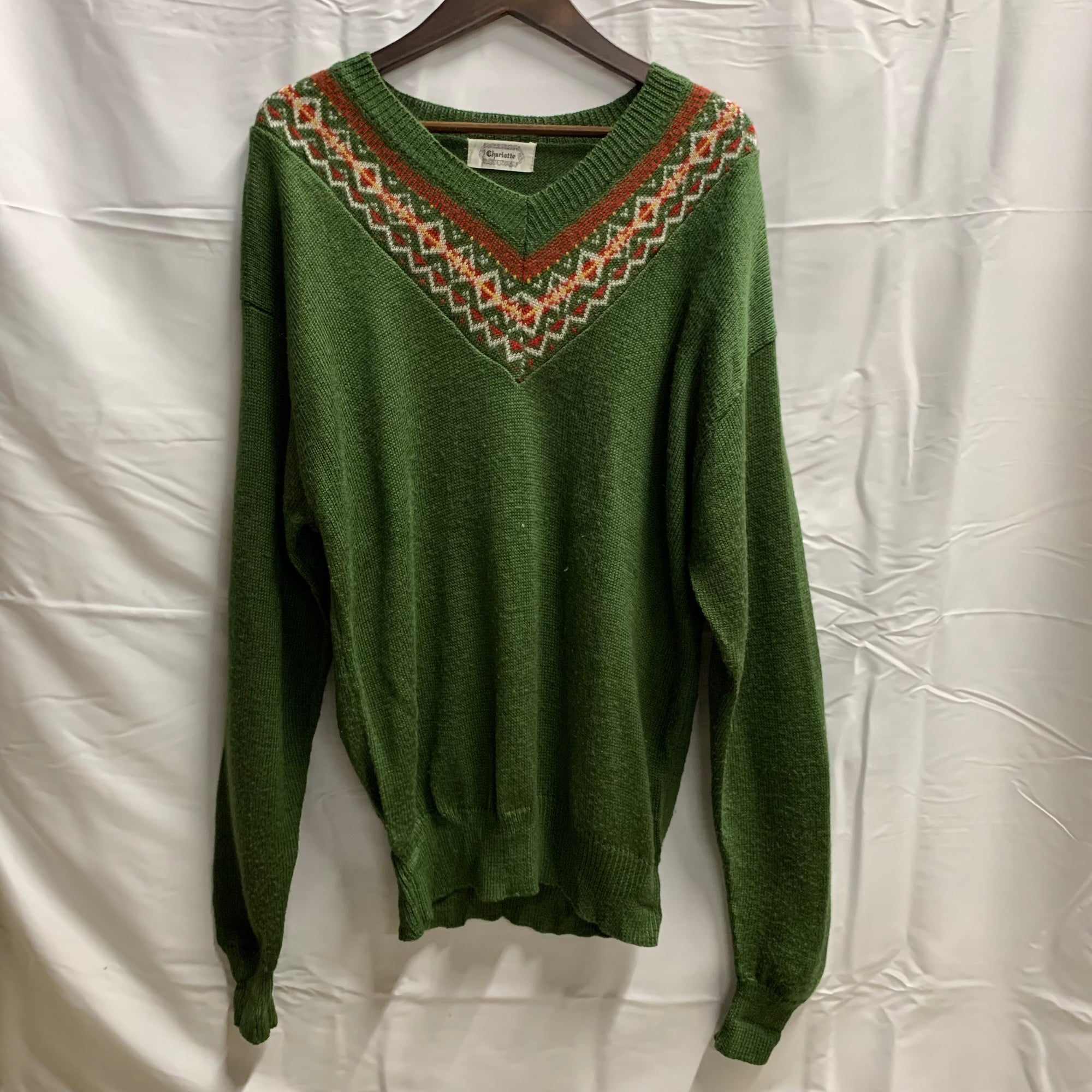 【中古】【古着】柄 ニット グリーン×レッド×ホワイト