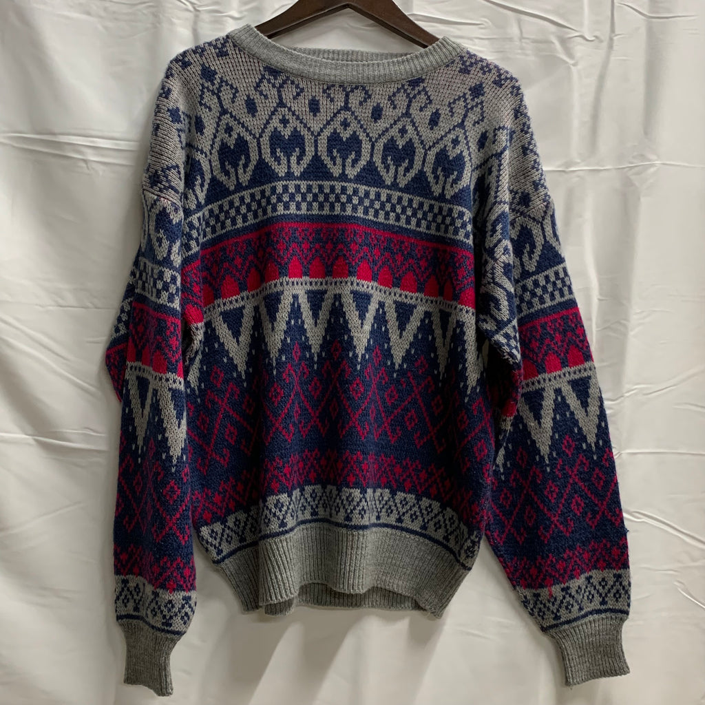 【中古】【古着】HEAVENLY 柄 ニット グレー×ネイビー×レッド