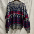 【中古】【古着】HEAVENLY 柄 ニット グレー×ネイビー×レッド