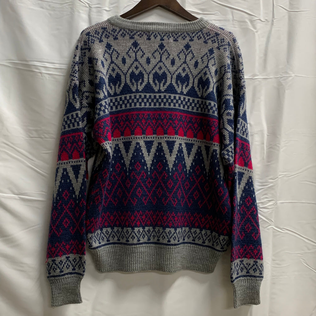 【中古】【古着】HEAVENLY 柄 ニット グレー×ネイビー×レッド