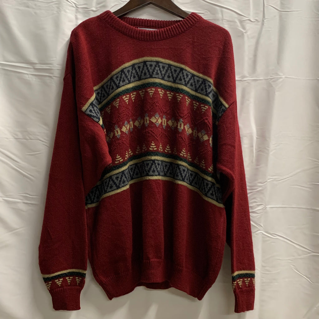 【中古】【古着】SUTTER & GRANT 柄 ニット レッド×グレー×グリーン Lサイズ