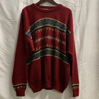 【中古】【古着】SUTTER & GRANT 柄 ニット レッド×グレー×グリーン Lサイズ