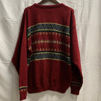 【中古】【古着】SUTTER & GRANT 柄 ニット レッド×グレー×グリーン Lサイズ