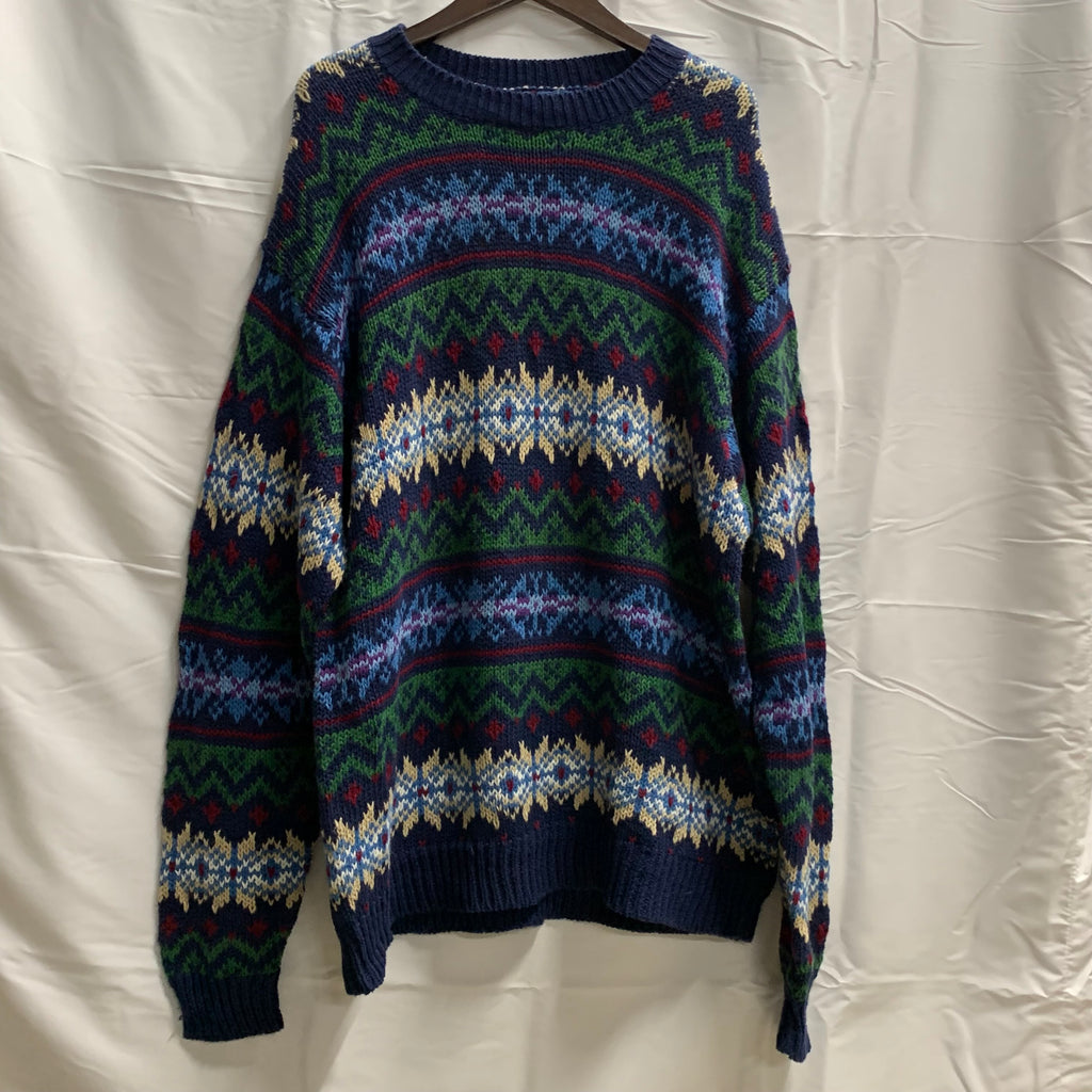 【中古】【古着】AEROPOSTALE 柄 ニット ネイビー×ブルー×レッド XLサイズ