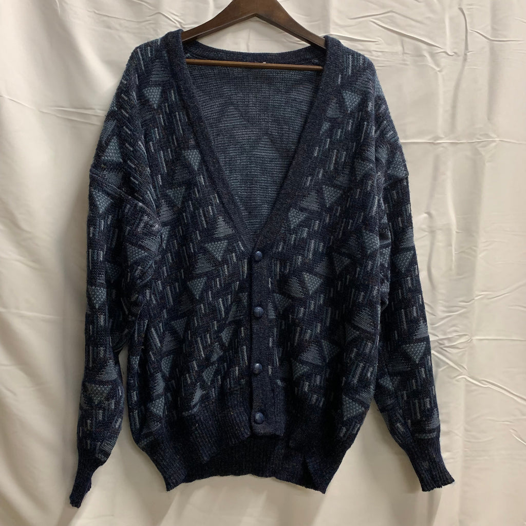 【中古】【古着】 マルチボーダー ニット ネイビー×ターコイズ×ブルー