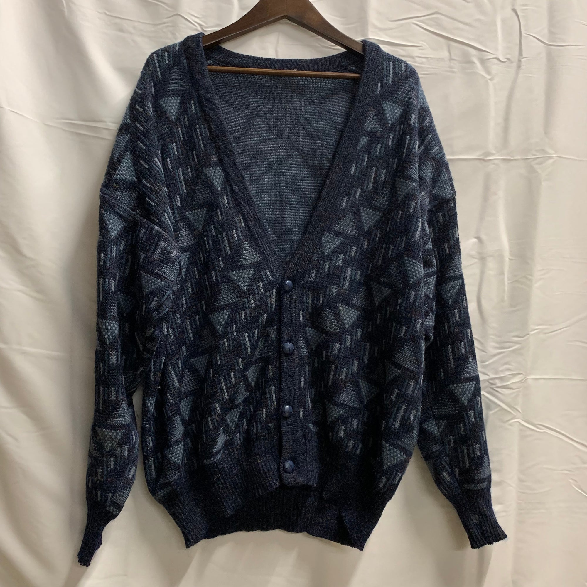 【中古】【古着】 マルチボーダー ニット ネイビー×ターコイズ×ブルー