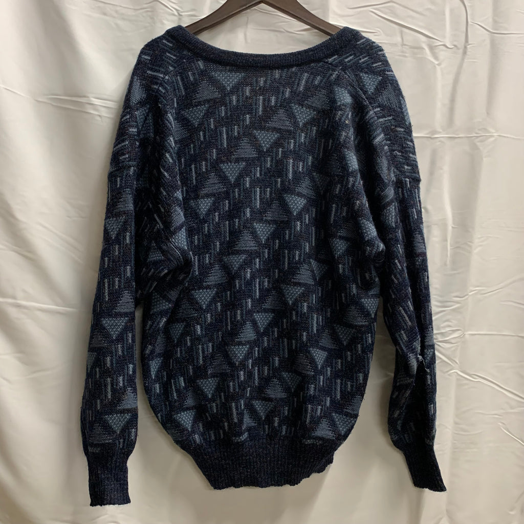 【中古】【古着】 マルチボーダー ニット ネイビー×ターコイズ×ブルー