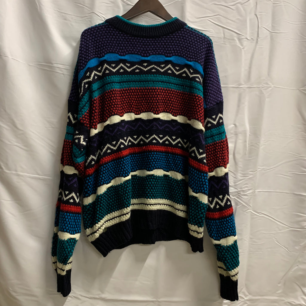 【中古】【古着】URBAN WORKS マルチボーダー ニット ブラック×レッド×ブルー Lサイズ