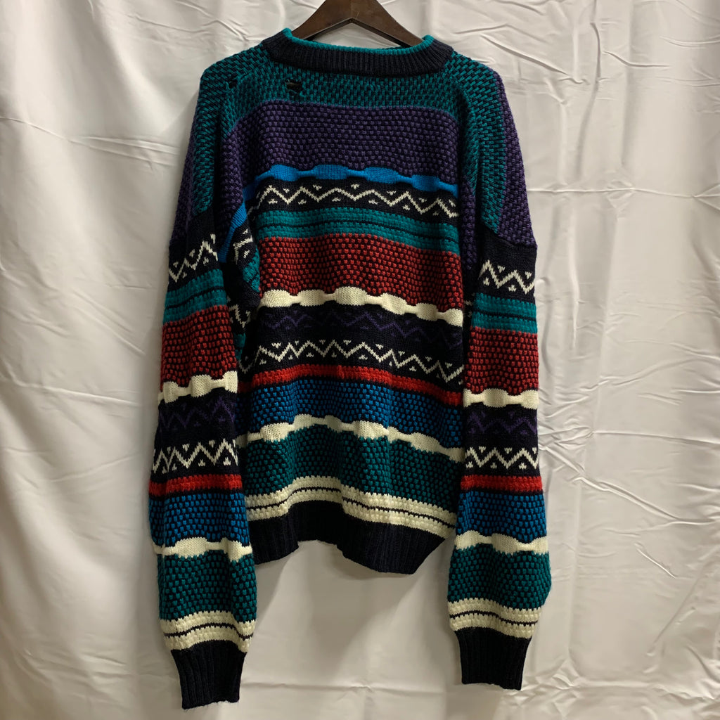 【中古】【古着】URBAN WORKS マルチボーダー ニット ブラック×レッド×ブルー Lサイズ