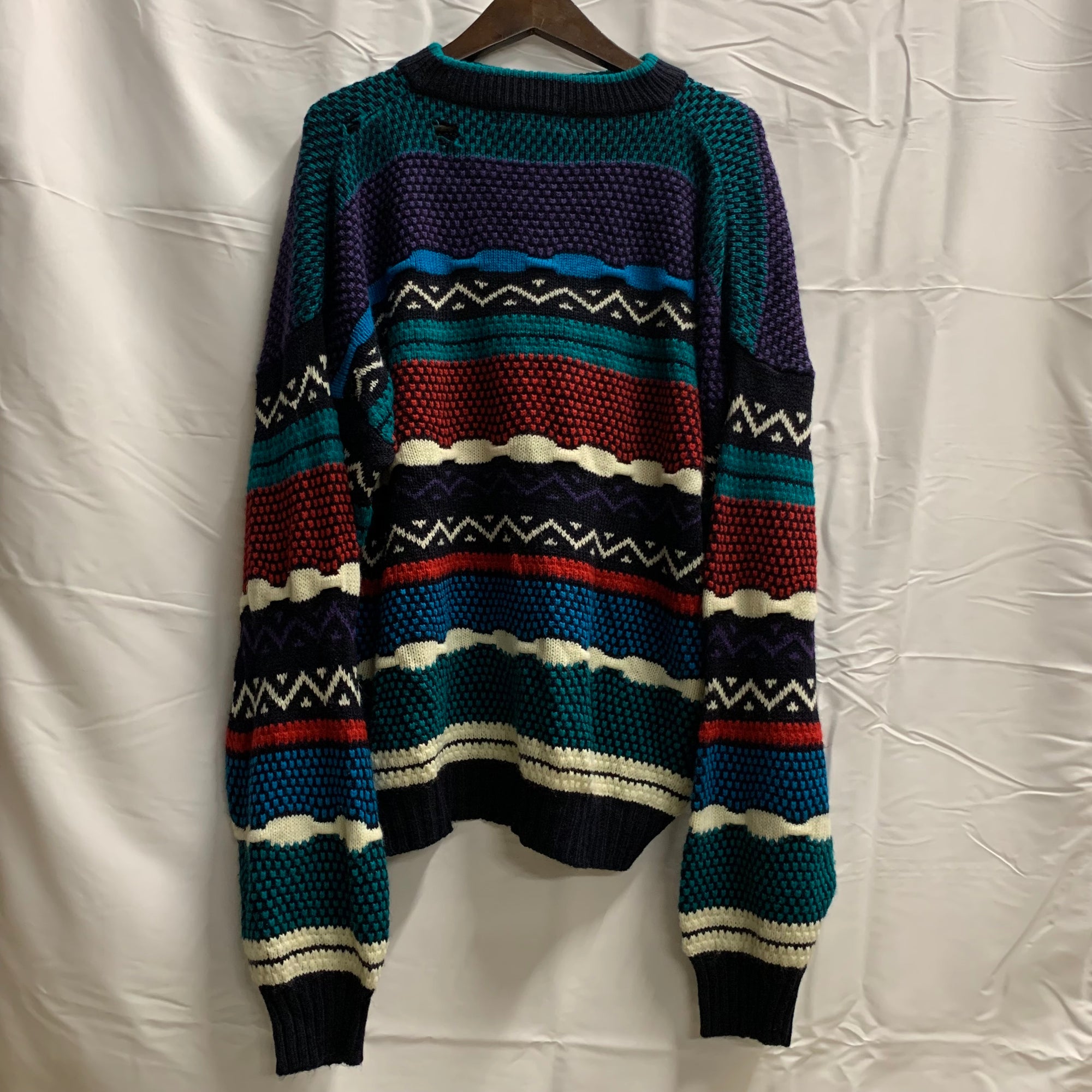 【中古】【古着】URBAN WORKS マルチボーダー ニット ブラック×レッド×ブルー Lサイズ