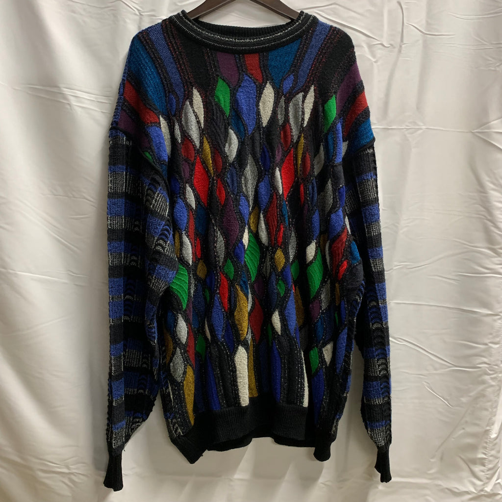 【中古】【古着】Corlo Colucci 柄 ニット ブラック×グレー×ブルー