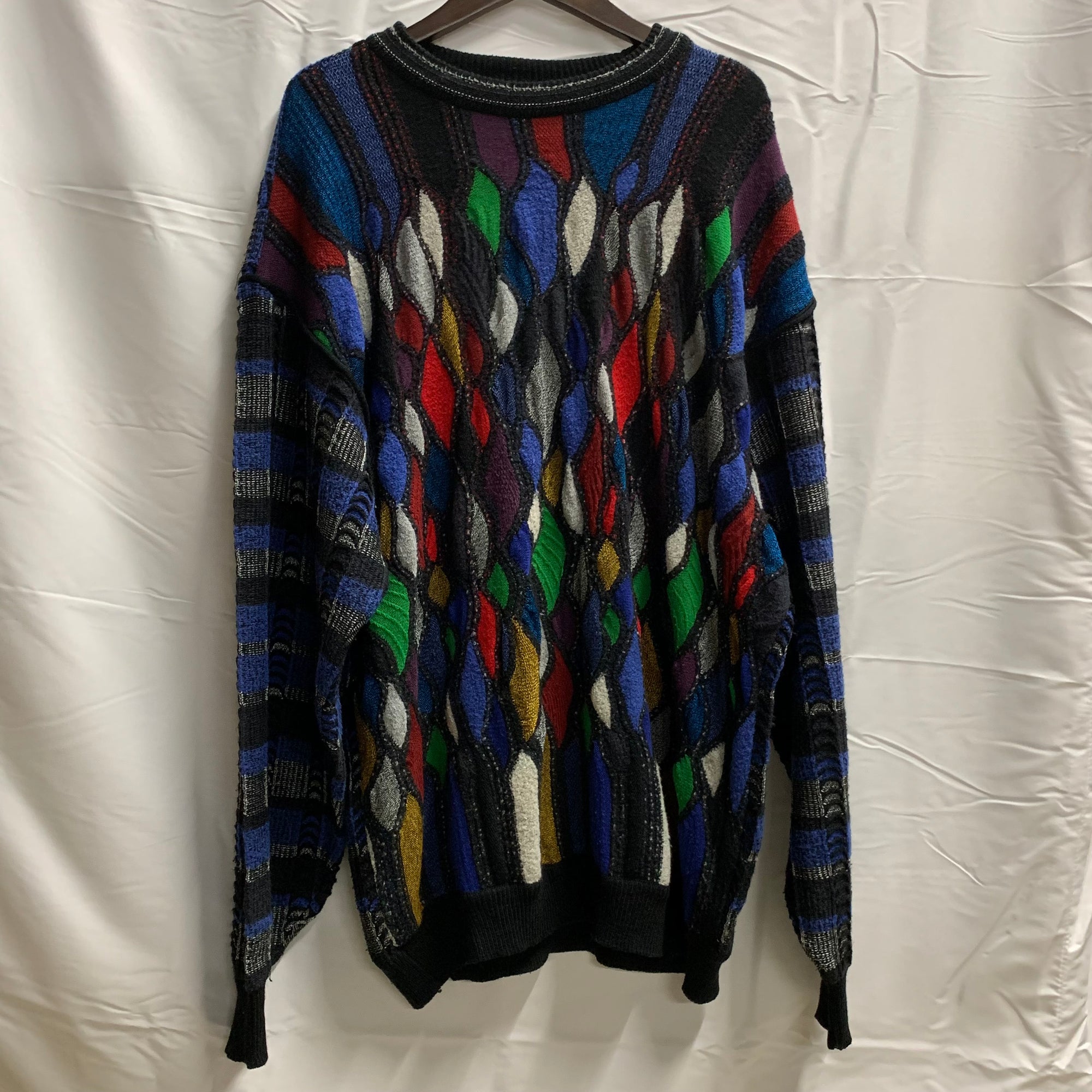 【中古】【古着】Corlo Colucci 柄 ニット ブラック×グレー×ブルー