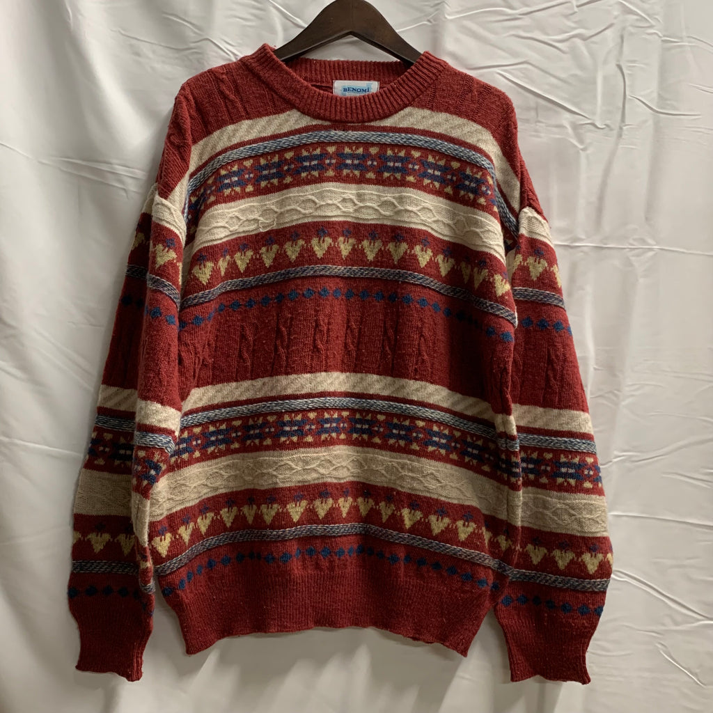 【中古】【古着】柄 ニット レッド×ホワイト