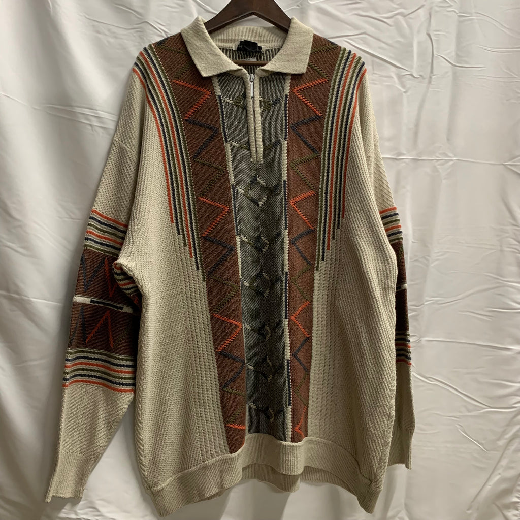【中古】【古着】UMBERTO ROSETTI  柄 ニット アイボリー×オレンジ