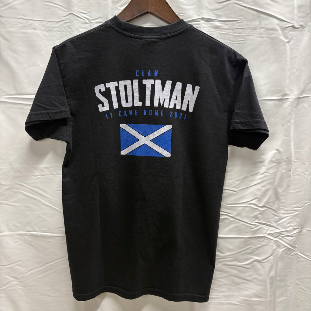 【中古】【古着】STOLTMAN プリント S/S カットソー ブラック Mサイズ