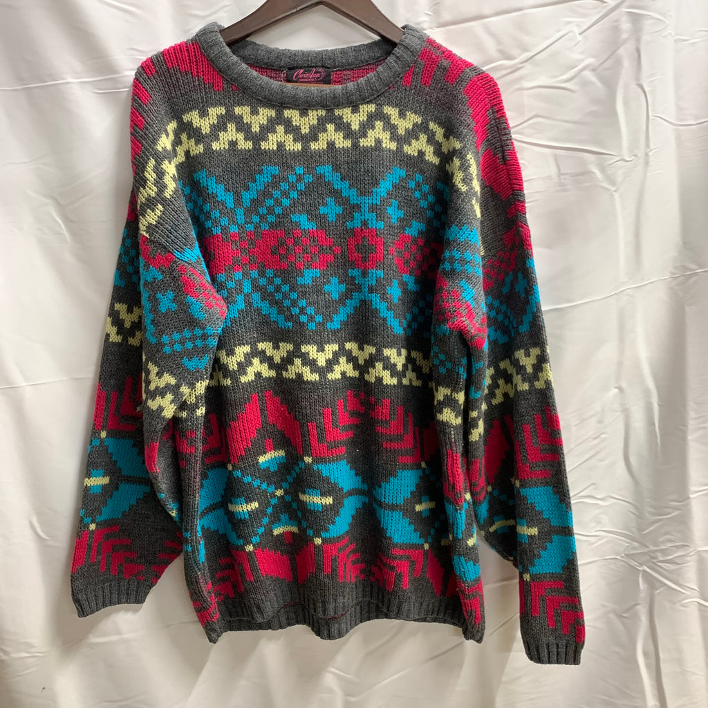 【中古】【古着】 柄 ニット レッド×ターコイズ