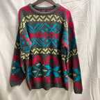 【中古】【古着】 柄 ニット レッド×ターコイズ