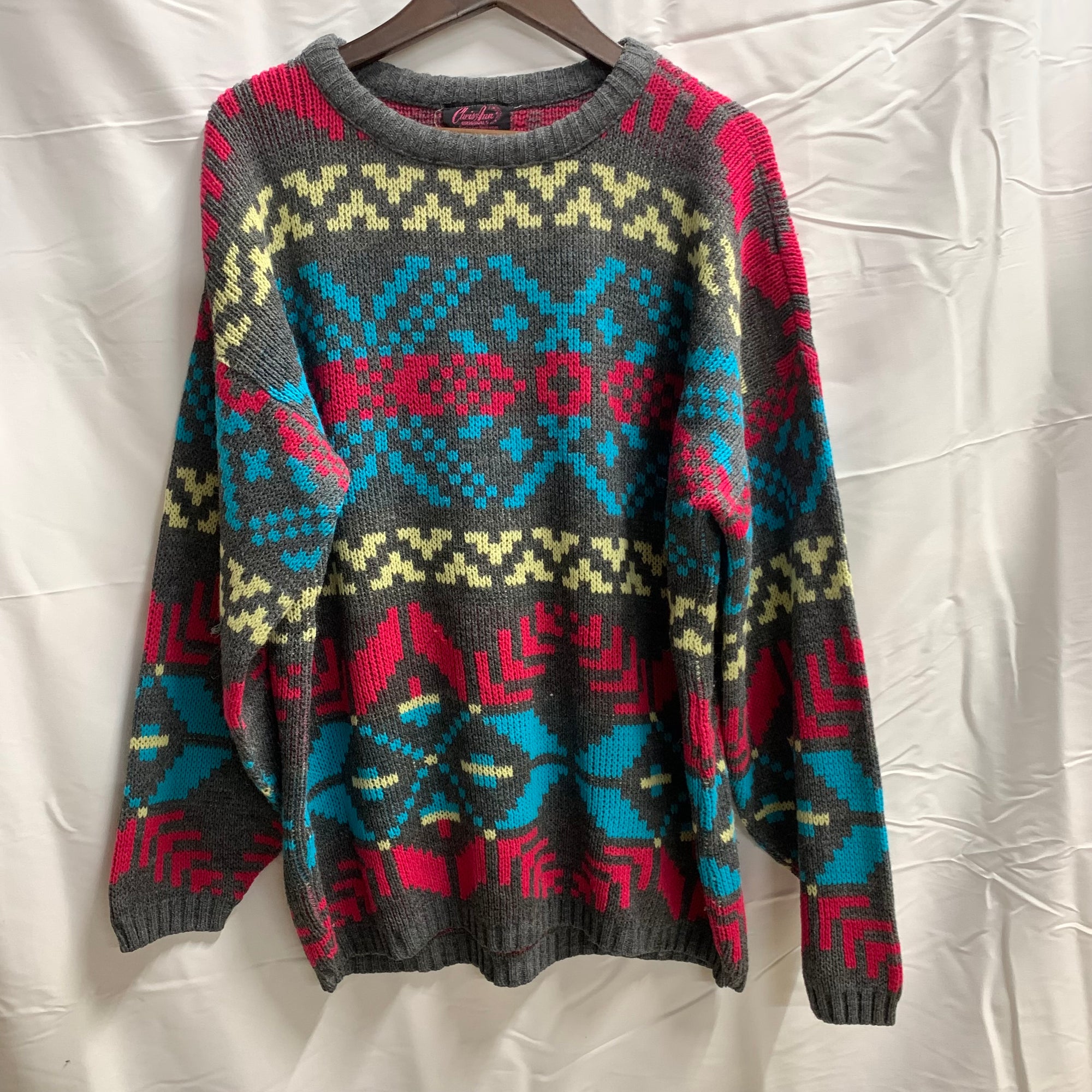 【中古】【古着】 柄 ニット レッド×ターコイズ