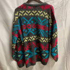 【中古】【古着】 柄 ニット レッド×ターコイズ