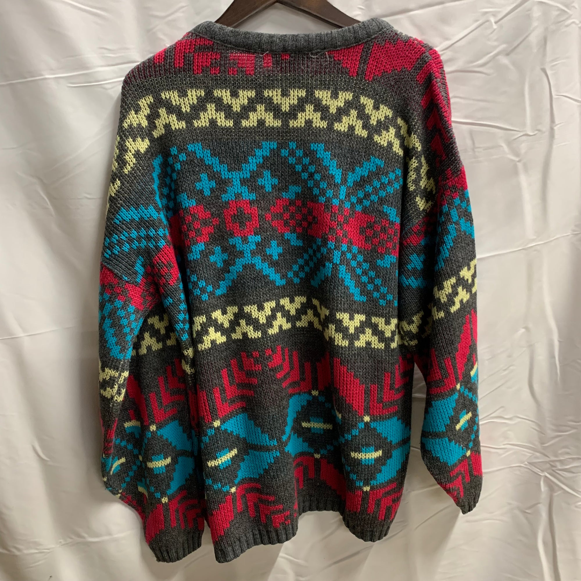【中古】【古着】 柄 ニット レッド×ターコイズ