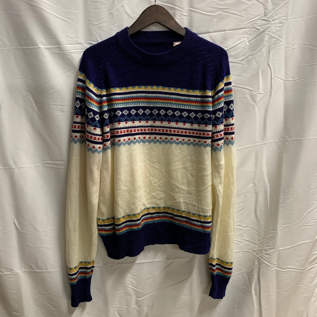 【中古】【古着】柄 ニット ネイビー×ホワイト