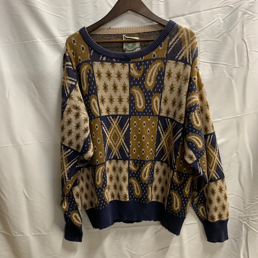 【中古】【古着】 柄 ニット マスタード×ネイビー