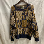 【中古】【古着】 柄 ニット マスタード×ネイビー