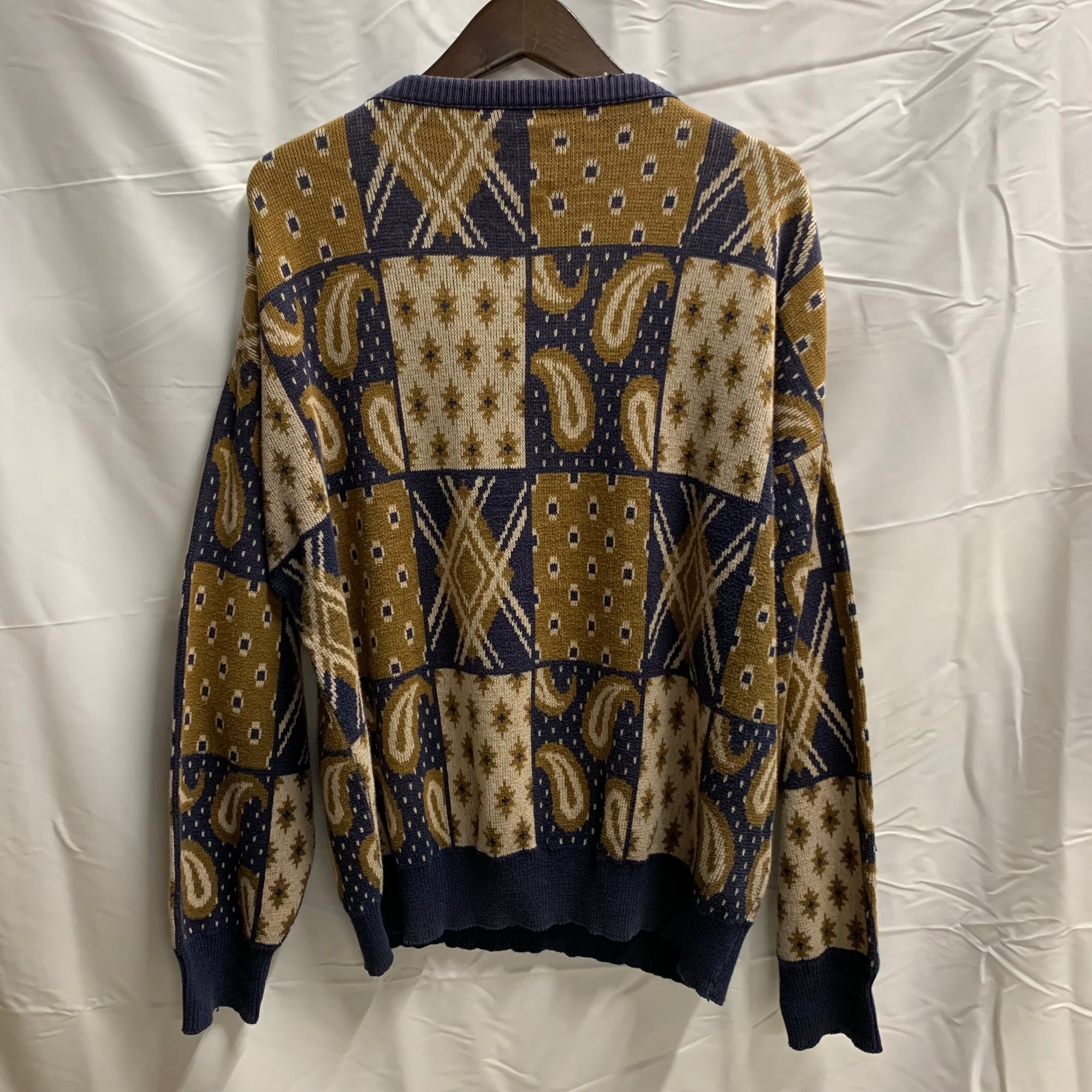【中古】【古着】 柄 ニット マスタード×ネイビー