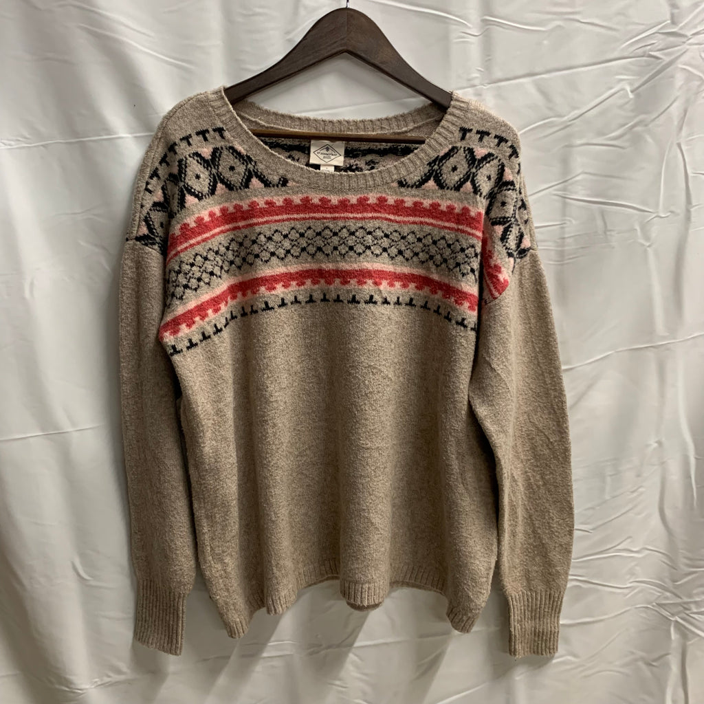 【中古】【古着】st.john's bay 柄 ニット ベージュ×ピンク Lサイズ