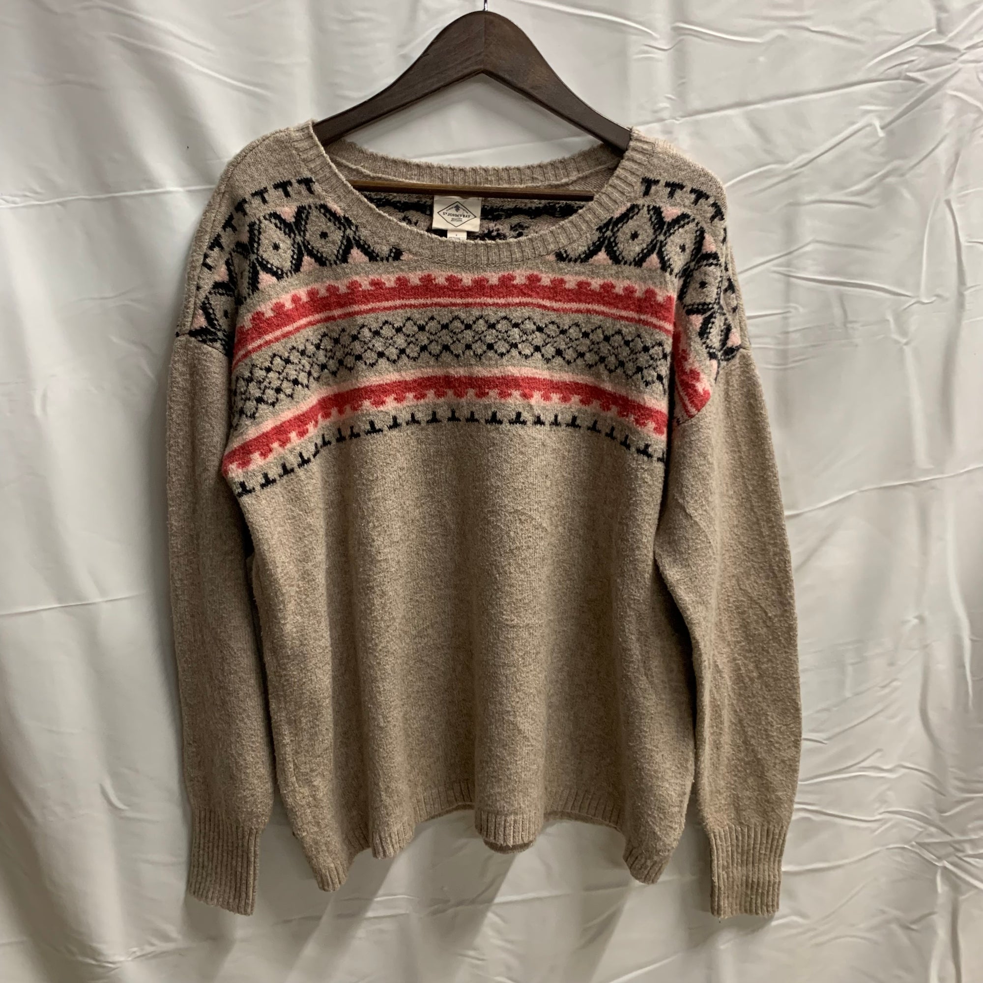 【中古】【古着】st.john's bay 柄 ニット ベージュ×ピンク Lサイズ