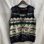 【中古】【古着】Northern Reflections 柄 ニット ネイビー×ホワイト×グリーン Mサイズ