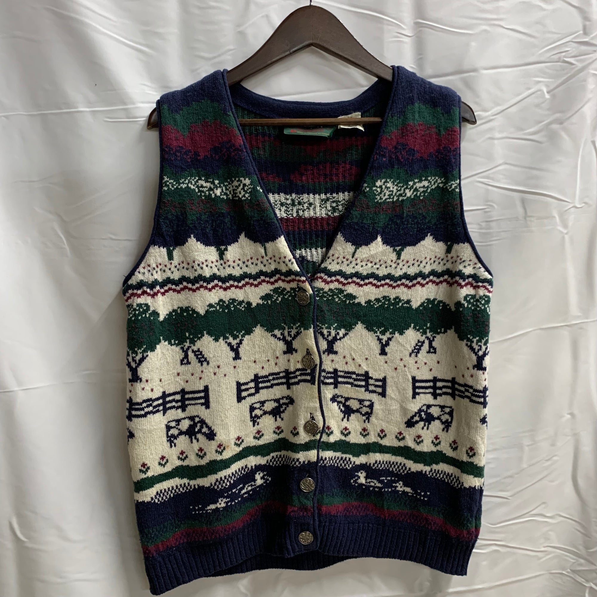 【中古】【古着】Northern Reflections 柄 ニット ネイビー×ホワイト×グリーン Mサイズ