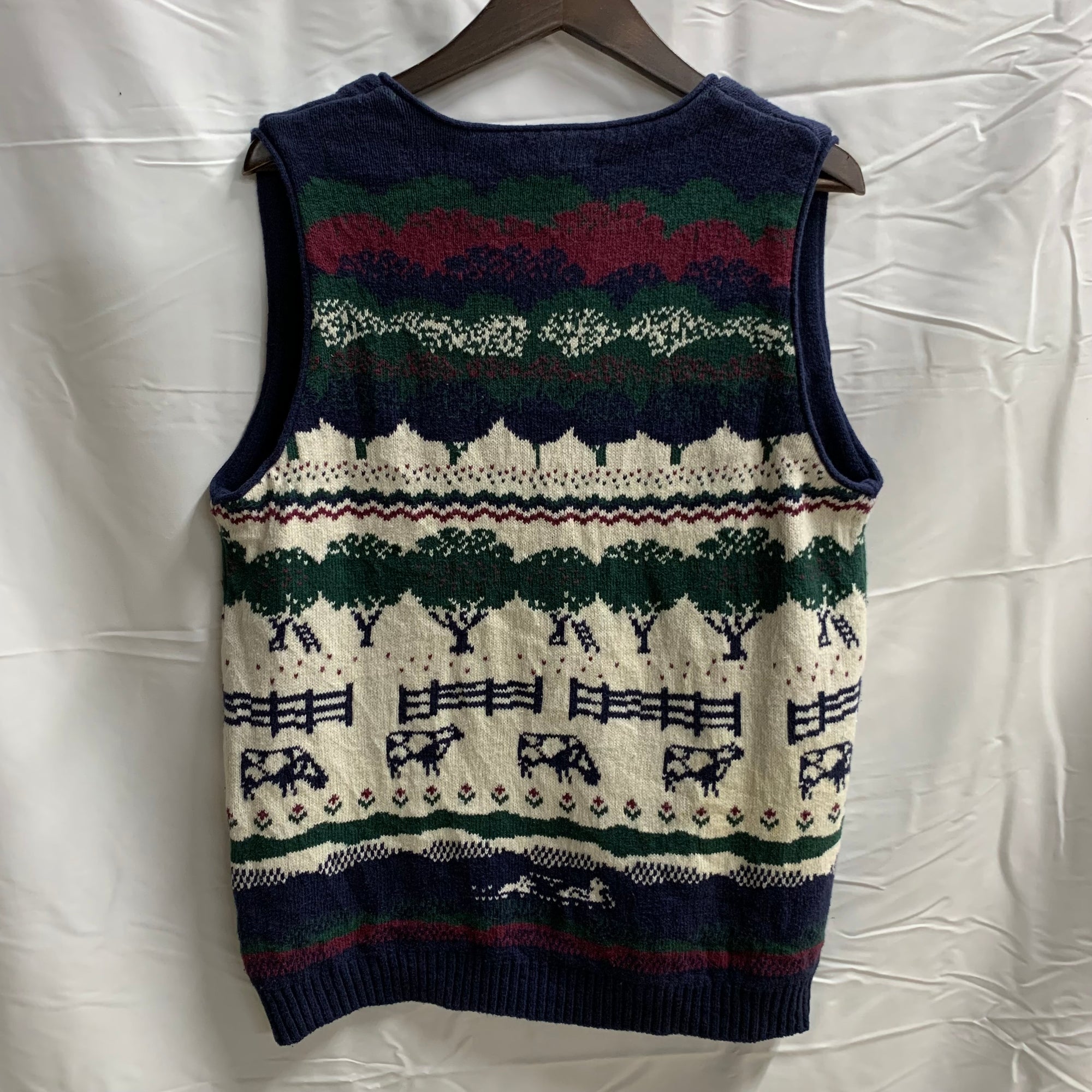 【中古】【古着】Northern Reflections 柄 ニット ネイビー×ホワイト×グリーン Mサイズ