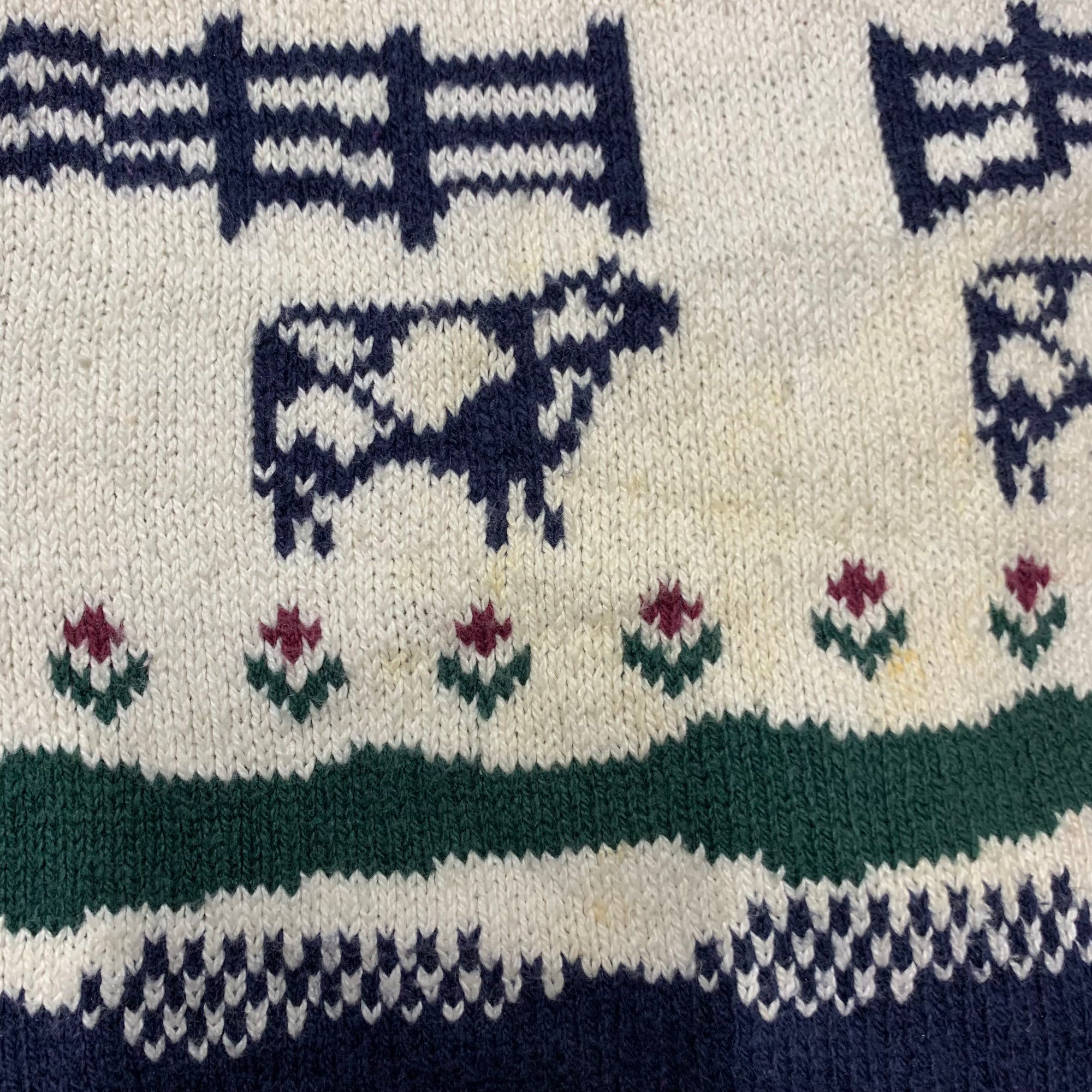 【中古】【古着】Northern Reflections 柄 ニット ネイビー×ホワイト×グリーン Mサイズ
