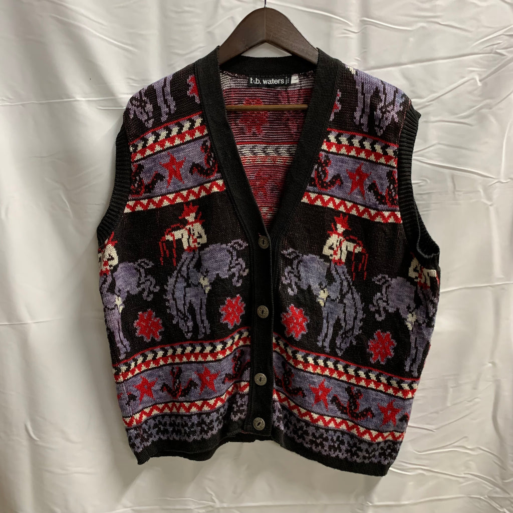 【中古】【古着】b.b. waters 柄 ニット ブラック×レッド×パープル Lサイズ