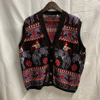 【中古】【古着】b.b. waters 柄 ニット ブラック×レッド×パープル Lサイズ