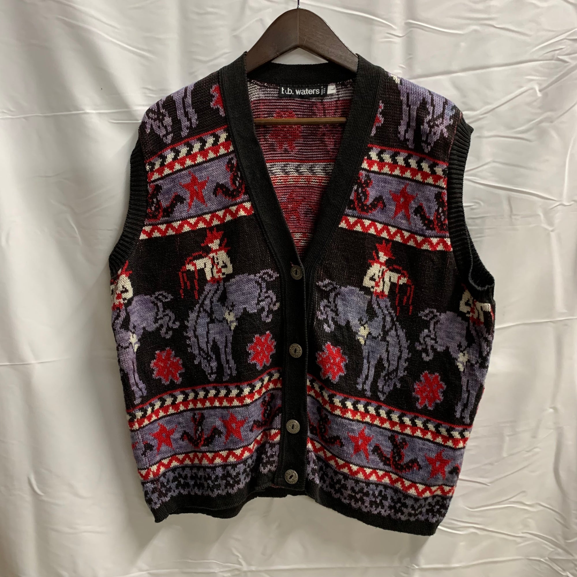 【中古】【古着】b.b. waters 柄 ニット ブラック×レッド×パープル Lサイズ