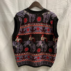 【中古】【古着】b.b. waters 柄 ニット ブラック×レッド×パープル Lサイズ